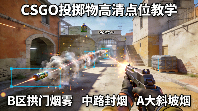 CSGO 投掷物高清点位 3D 视频教学画面，展示烟雾弹落点